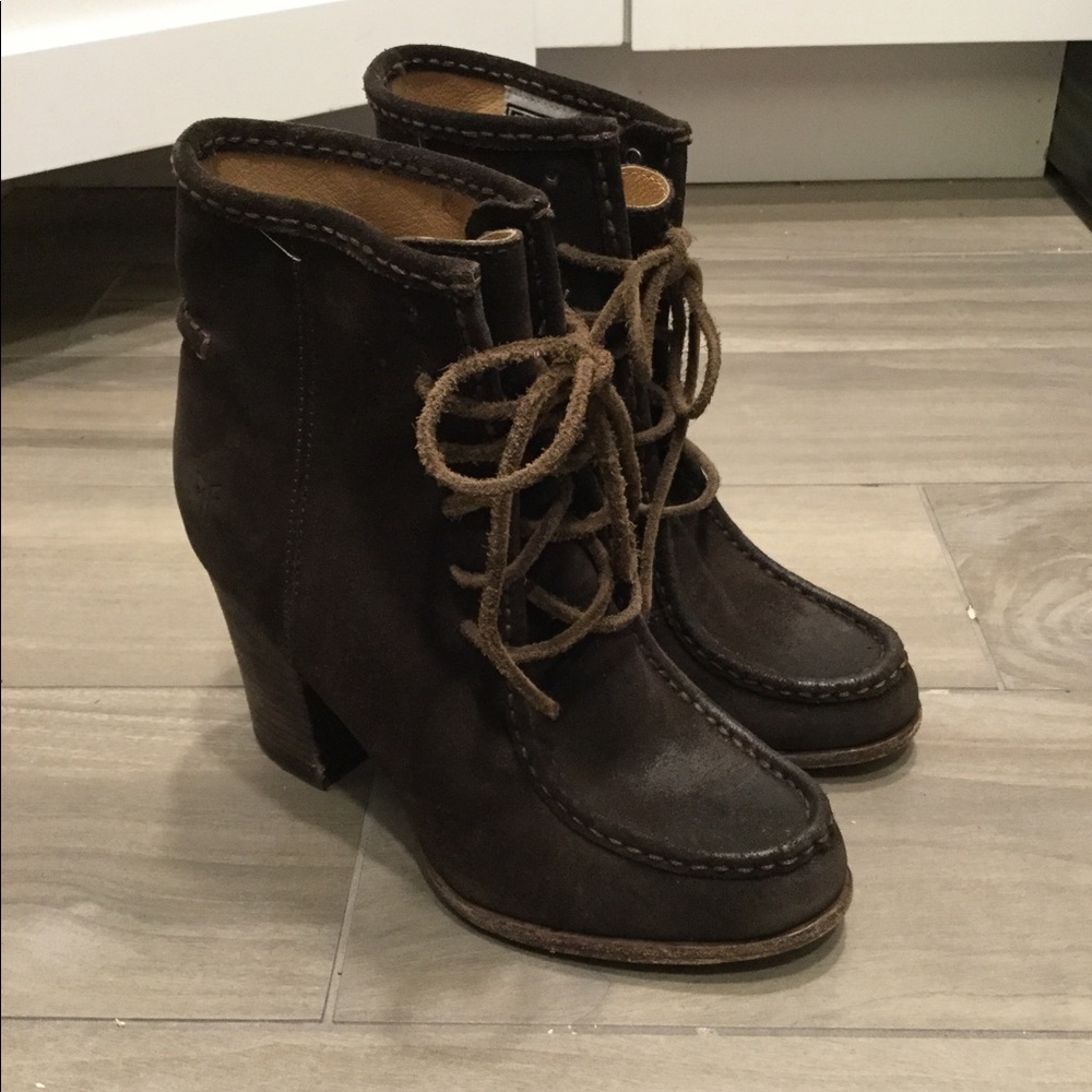 FRYE BROWN LEATHER SUEDE LEATHER CHUNKY HEEL BOOTS sz 7, NEW - Picture 6 of 10
